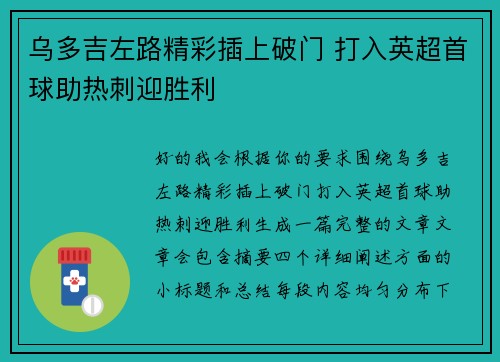乌多吉左路精彩插上破门 打入英超首球助热刺迎胜利